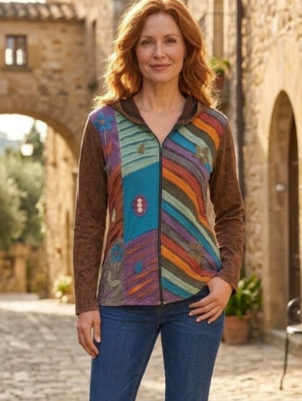 Rising International Brown Multi-Color Patchwork Zip Hoodie Size L